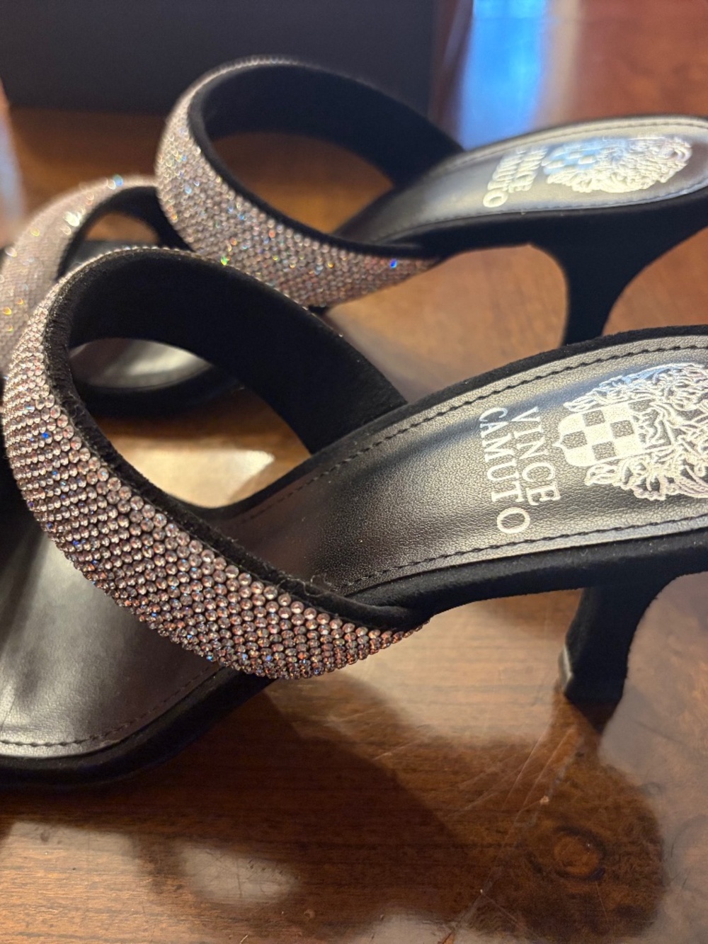 Vince Camino black suede sandals with crystal straps